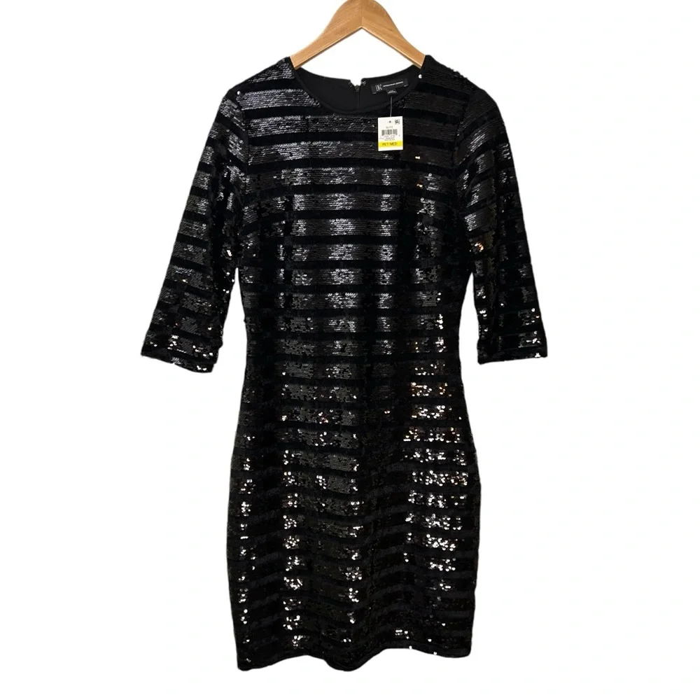INC Sequin Sheath Dress Size MEDIUM Petite Glitz Black 3/4 Party Holiday NWT